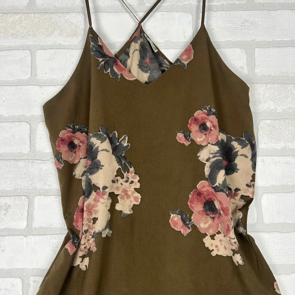 Intimately Free People XS Olive Green Floral Cami Cross Back Spaghetti Strap Top